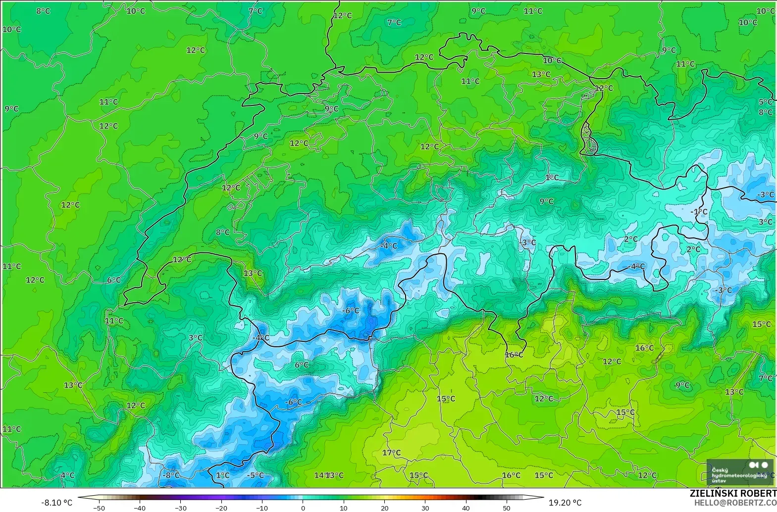 ALADIN CZ 2.3 km modelo - Suiza, Punto de rocío a 2 m