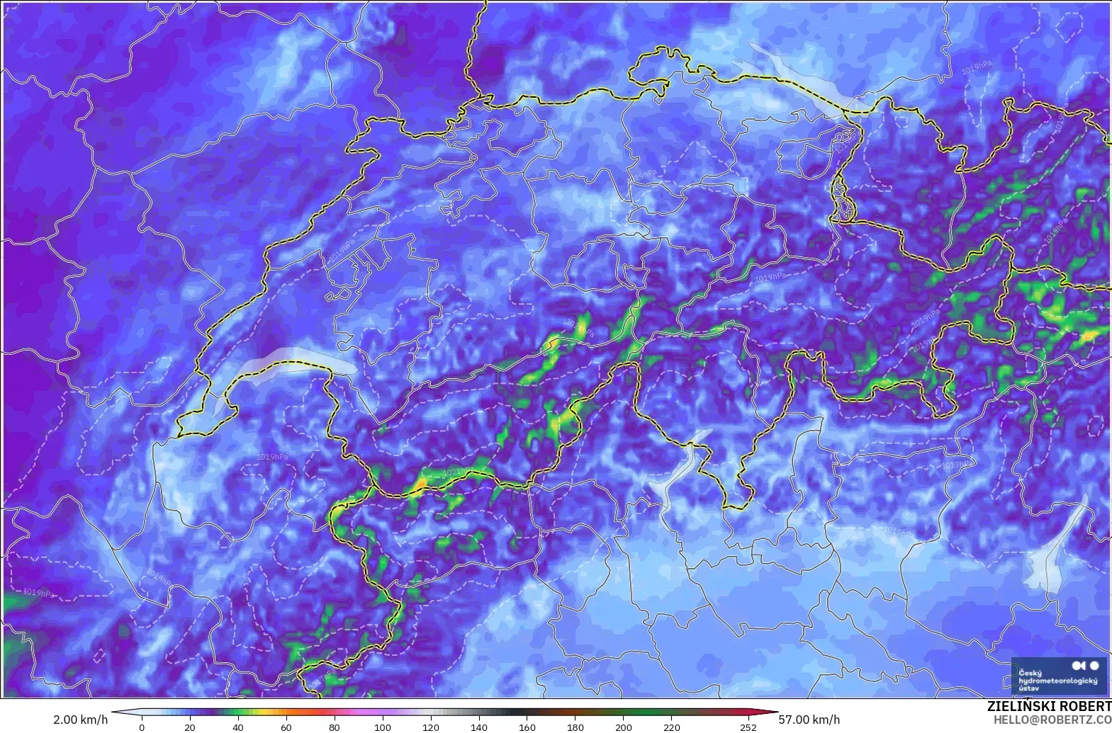 ALADIN CZ 2.3 km modelo - Suiza, Ráfagas de Viento Máximas