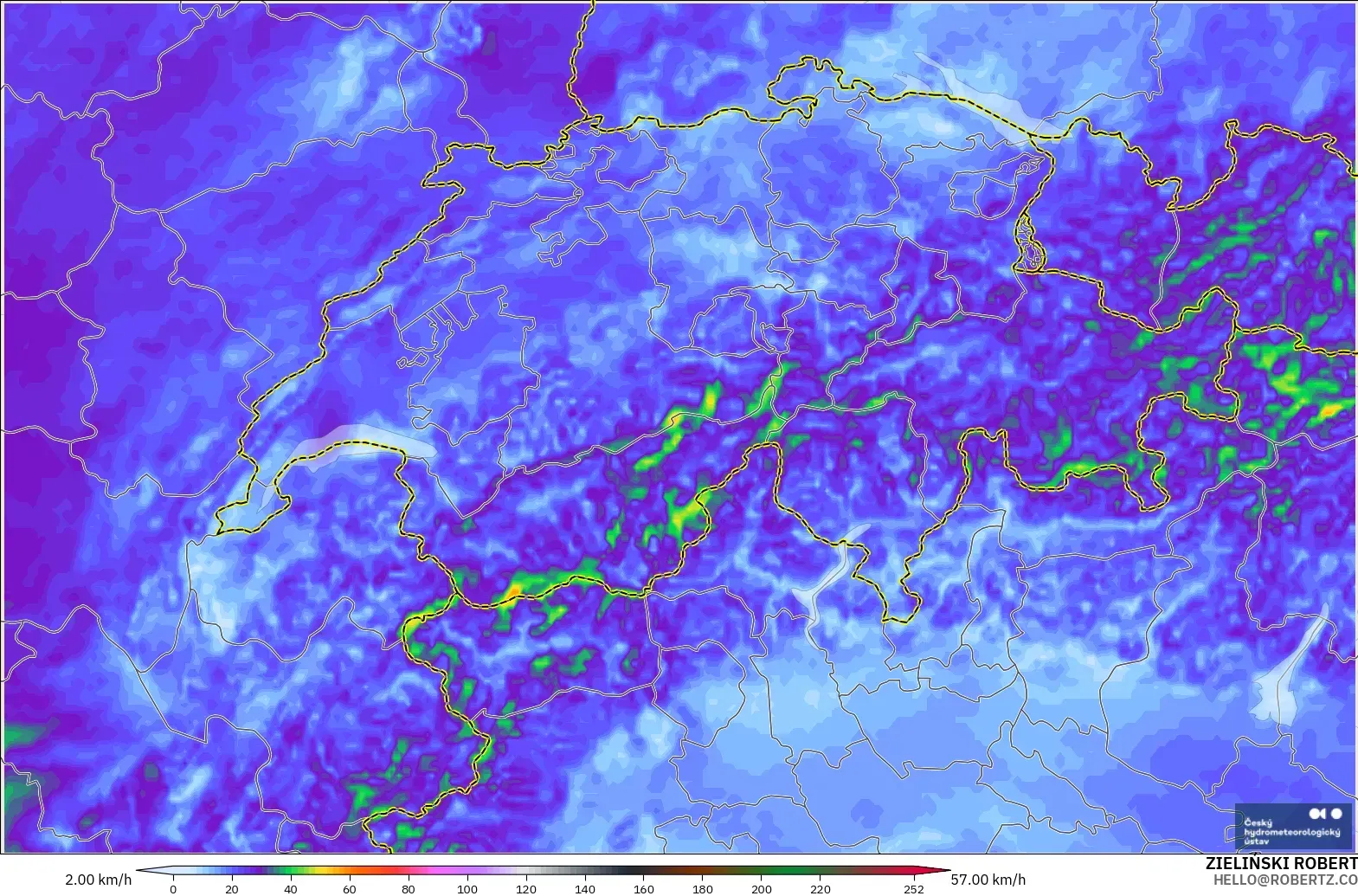 ALADIN CZ 2.3 km modelo - Suiza, Ráfagas de viento