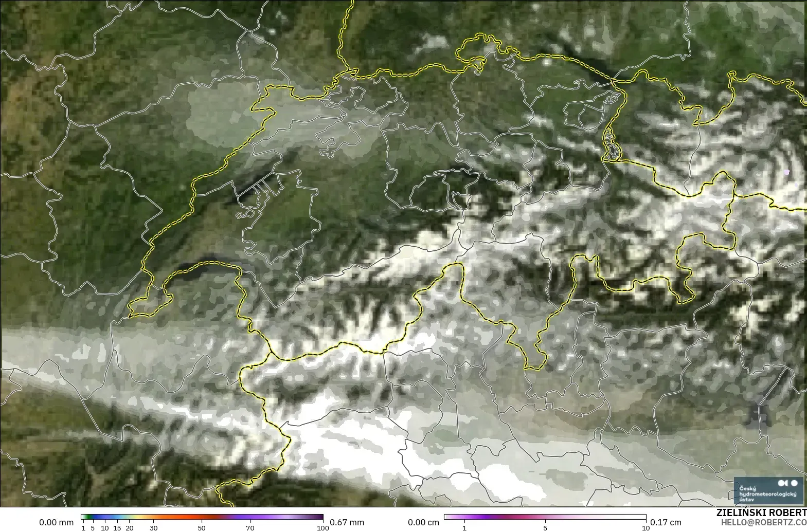 ALADIN CZ 2.3 km modelo - Suiza, Precipitación, nubes y presión