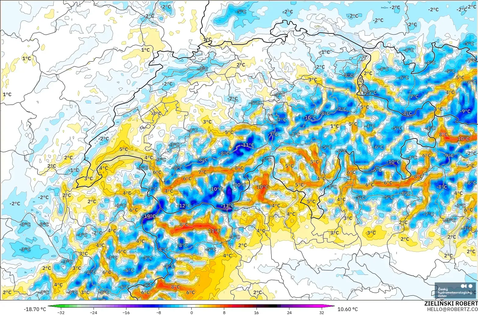 ALADIN CZ 2.3 km modelo - Suiza, Anomalía de temperatura a 2 m