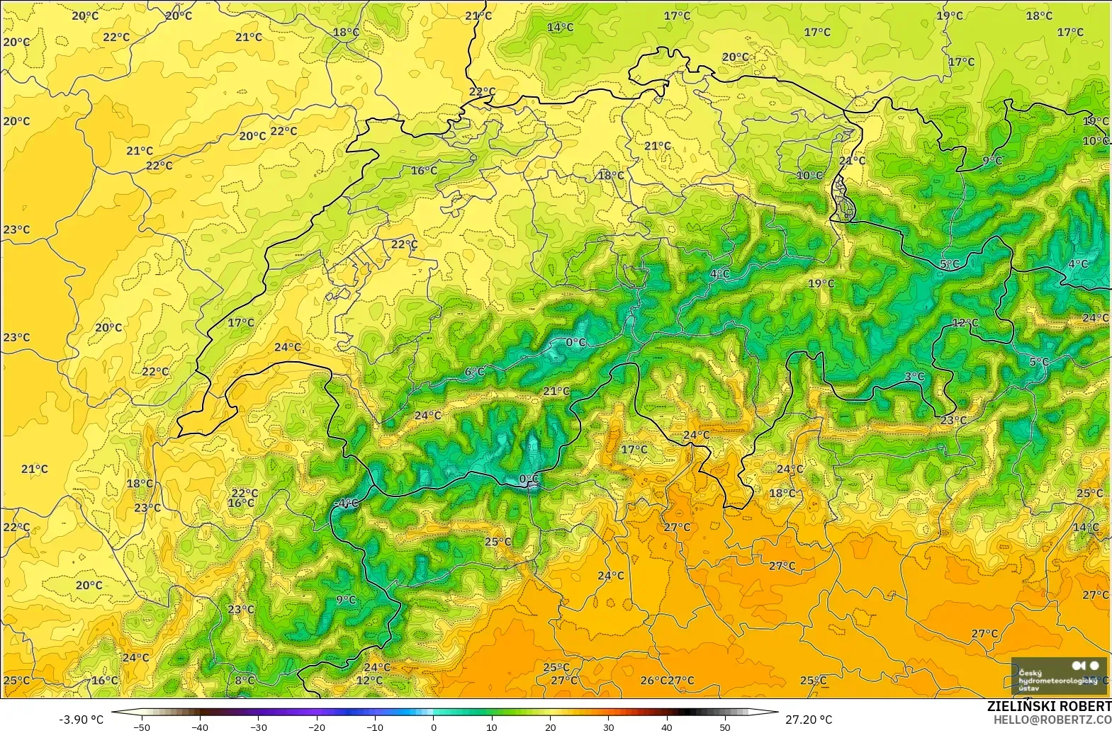 ALADIN CZ 2.3 km modelo - Suiza, Temperatura a 2 m