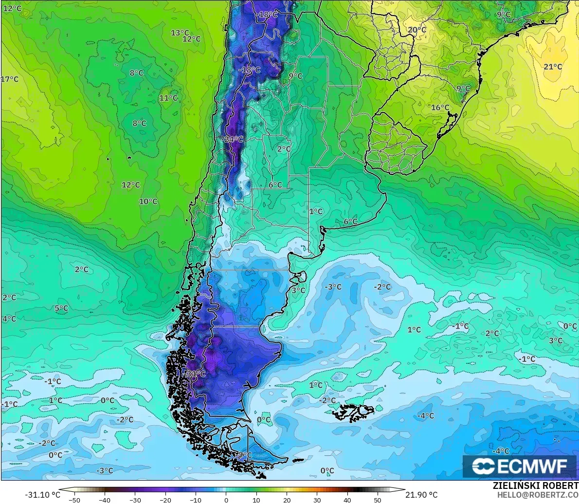 ECMWF IFS 0.25° modelo - Argentina, Punto de rocío a 2 m