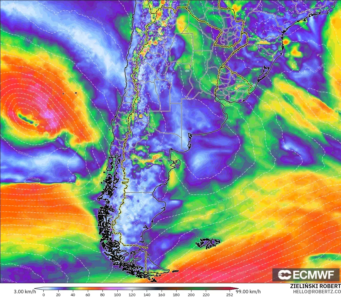 ECMWF IFS 0.25° modelo - Argentina, Ráfagas de viento