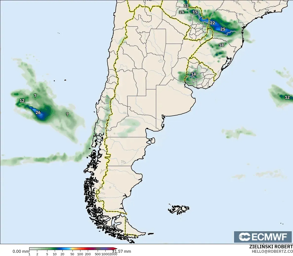 ECMWF IFS 0.25° modelo - Argentina, Acumulación de precipitación