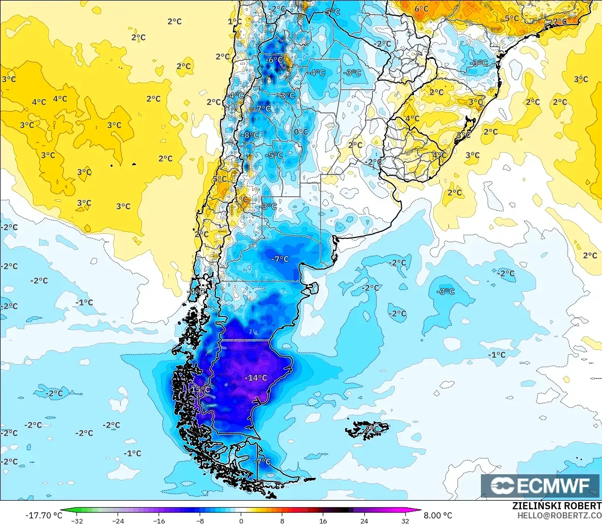 ECMWF IFS 0.25° modelo - Argentina, Anomalía de temperatura a 2 m