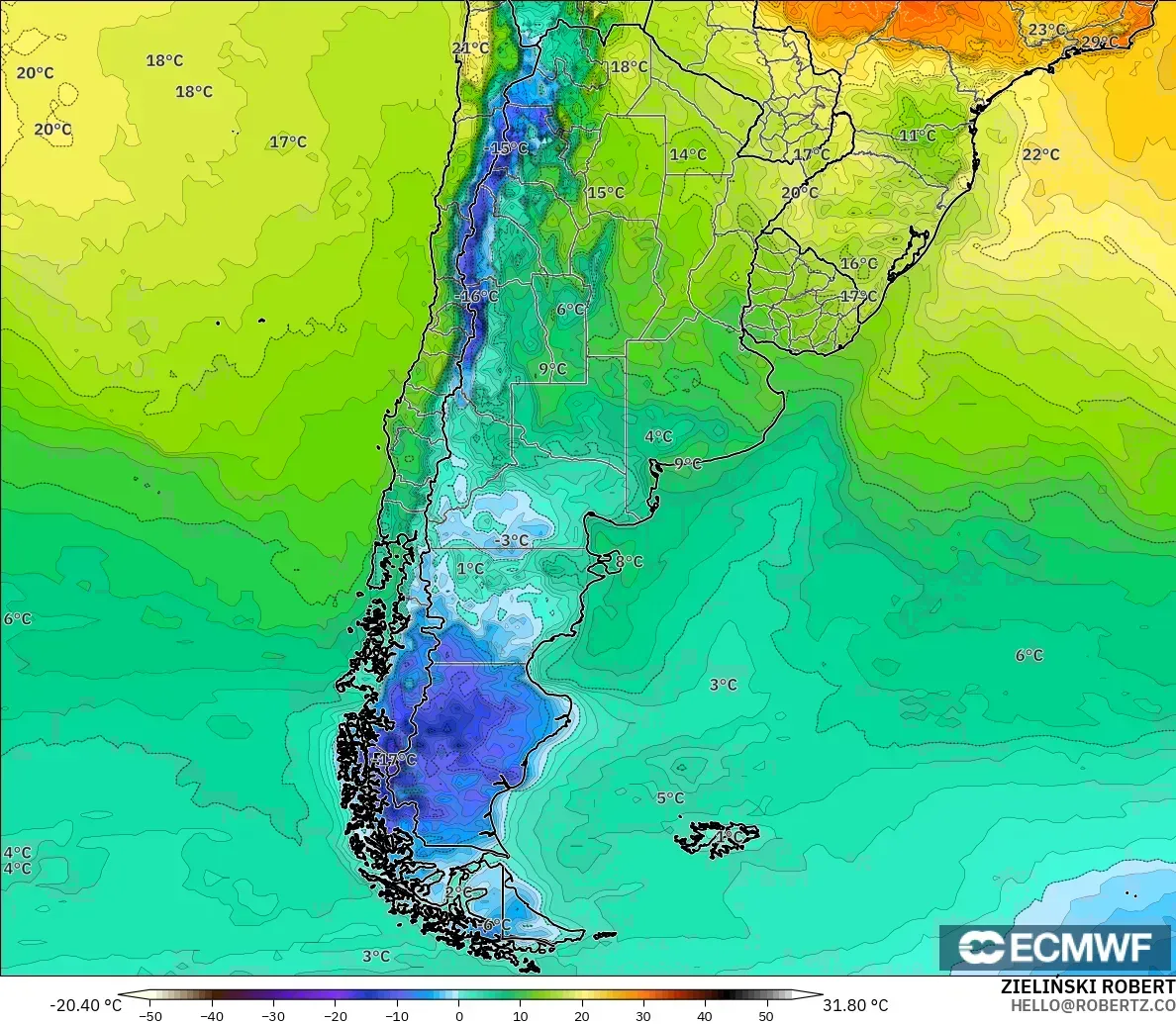 ECMWF IFS 0.25° modelo - Argentina, Temperatura a 2 m