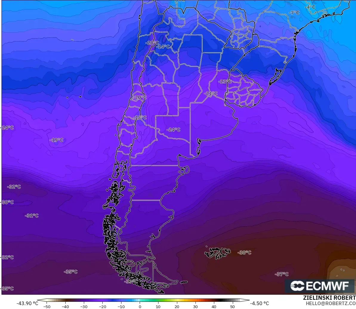 ECMWF IFS 0.25° modelo - Argentina, Temperatura a 500 hPa