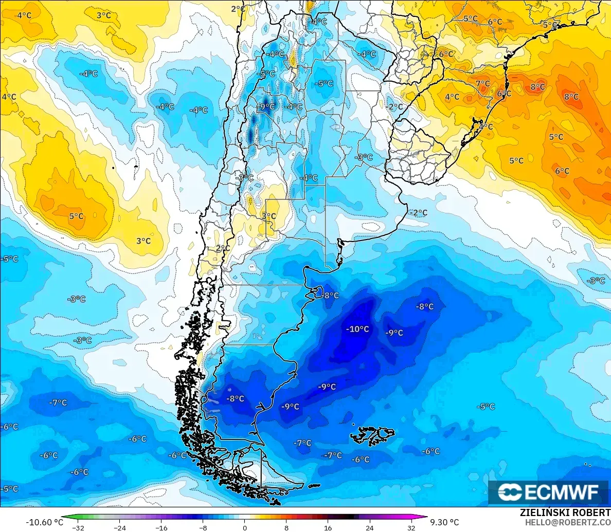 ECMWF IFS 0.25° modelo - Argentina, Anomalía de temperatura a 850 hPa