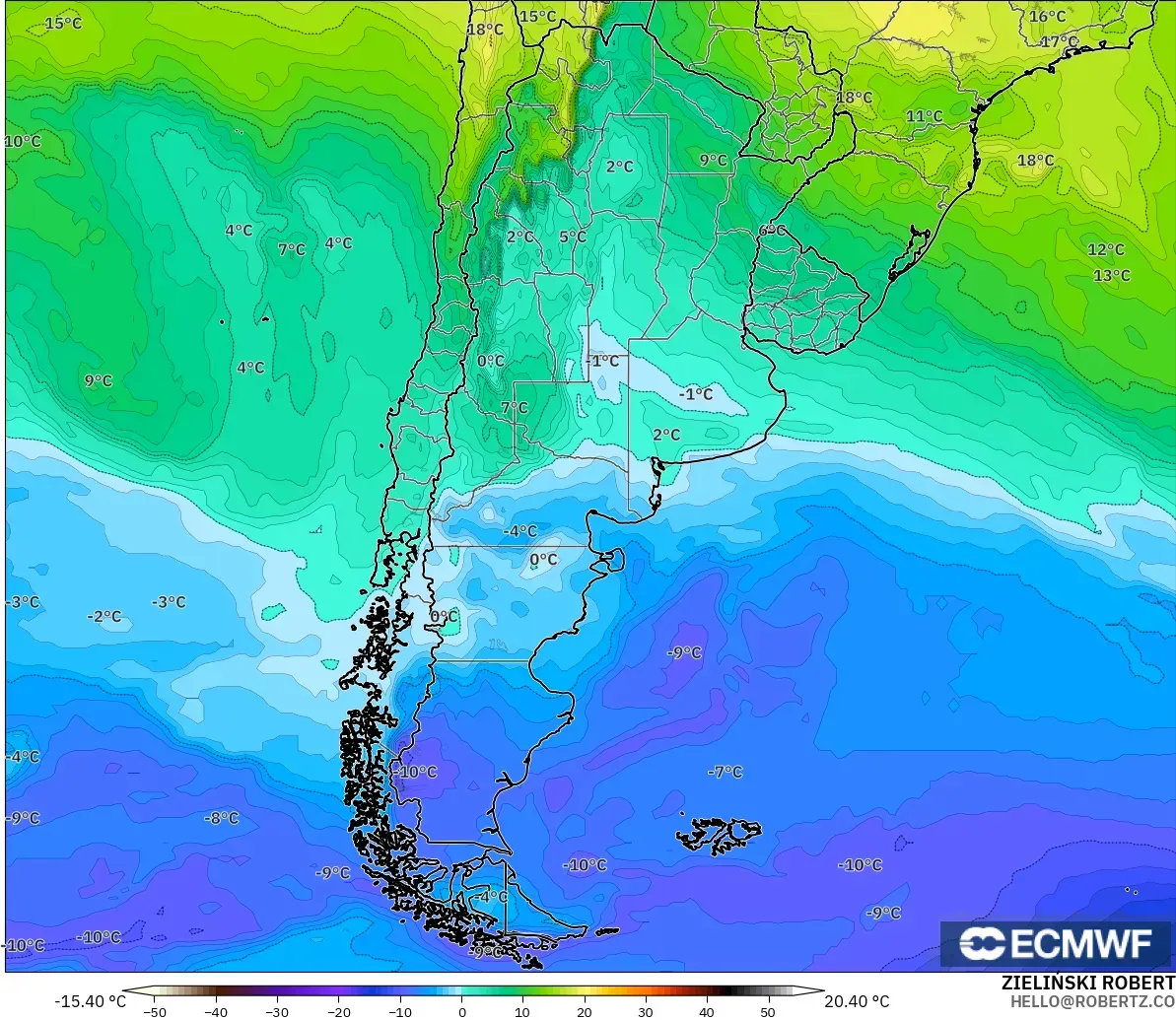 ECMWF IFS 0.25° modelo - Argentina, Temperatura a 850 hPa