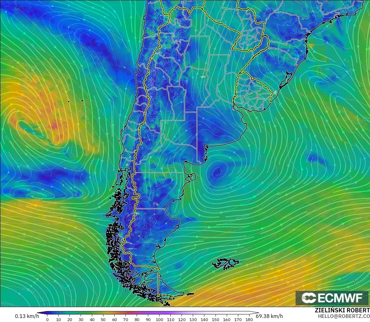 ECMWF IFS 0.25° modelo - Argentina, Viento a 10 m