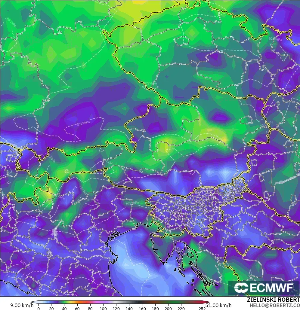 ECMWF IFS 0.25° modelo - Austria, Ráfagas de Viento Máximas