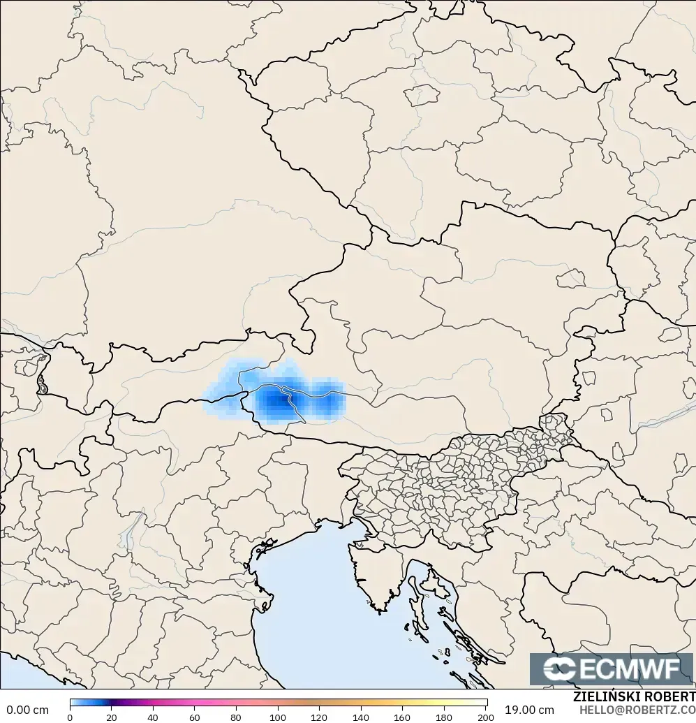 ECMWF IFS 0.25° modelo - Austria, Profundidad de nieve