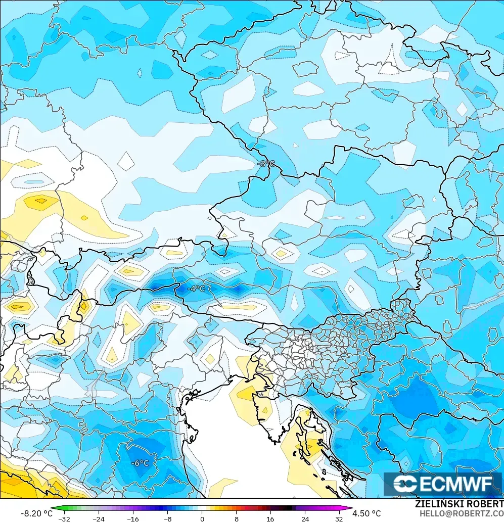 ECMWF IFS 0.25° modelo - Austria, Anomalía de temperatura a 2 m