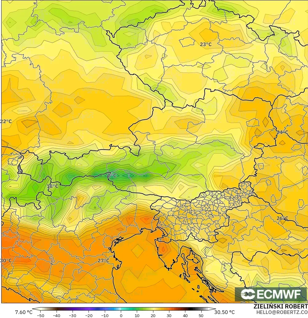 ECMWF IFS 0.25° modelo - Austria, Temperatura a 2 m