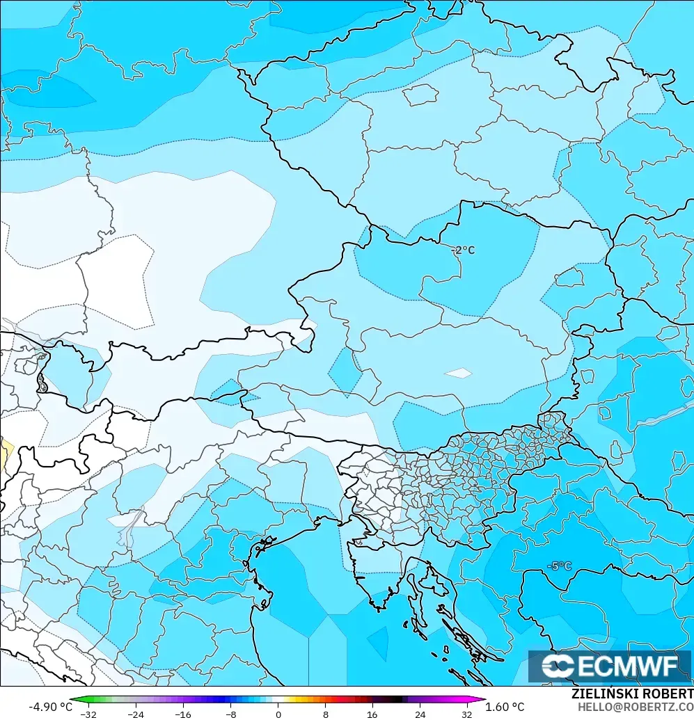 ECMWF IFS 0.25° modelo - Austria, Anomalía de temperatura a 850 hPa