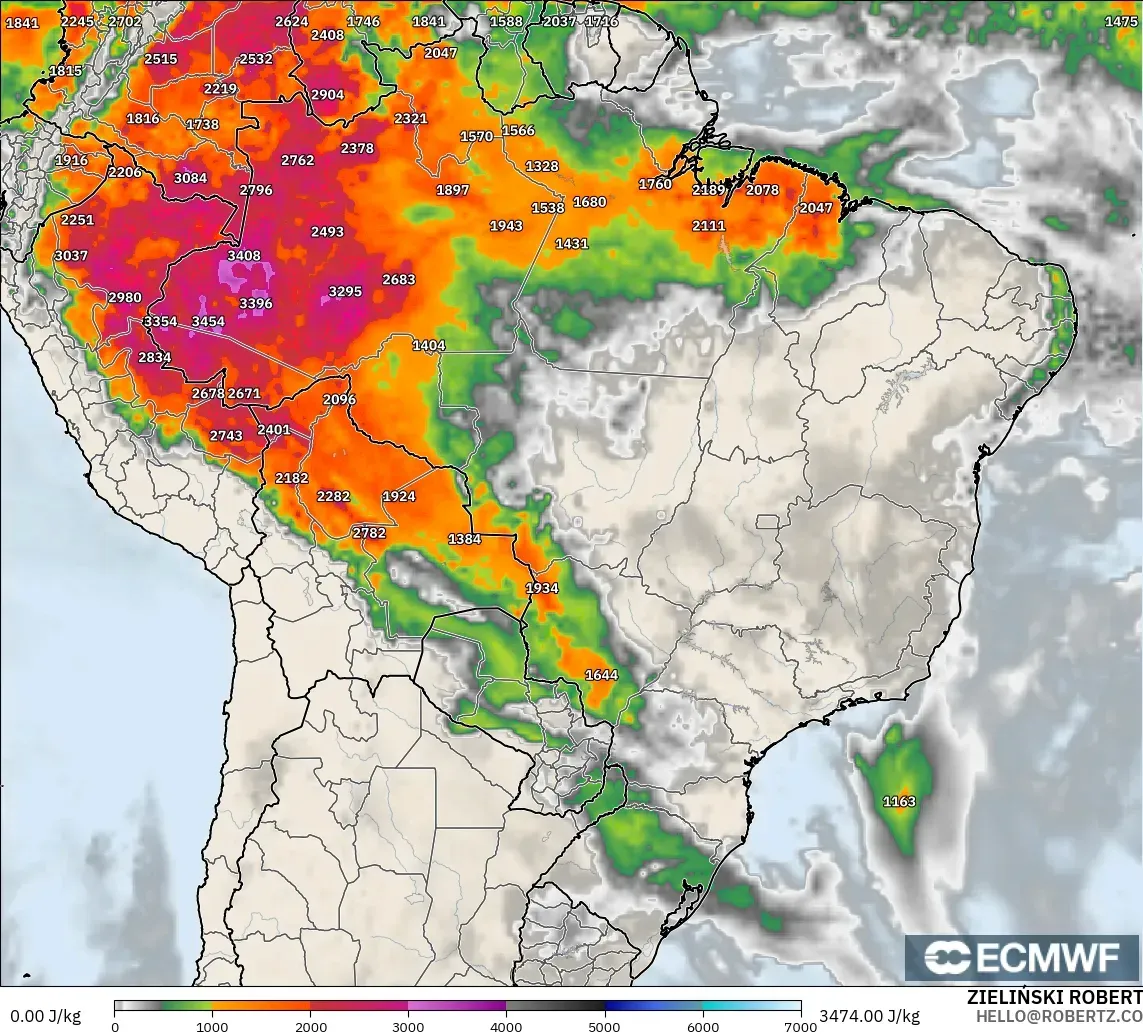 ECMWF IFS 0.25° modelo - Brasil, CAPE
