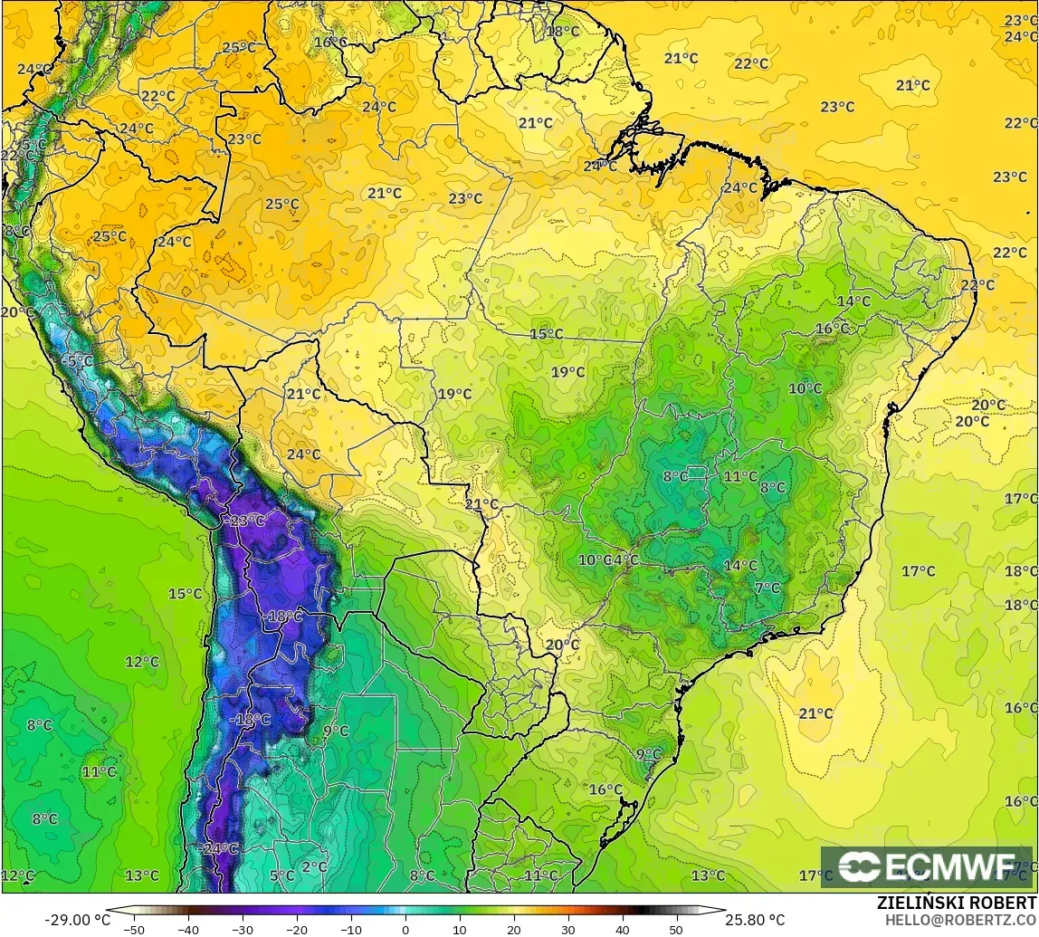ECMWF IFS 0.25° modelo - Brasil, Punto de rocío a 2 m