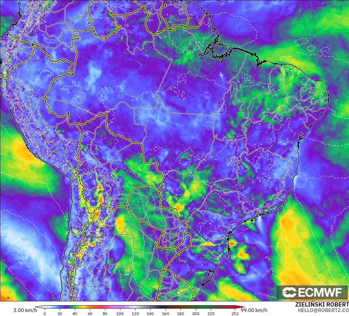 ECMWF IFS 0.25° modelo - Brasil, Ráfagas de Viento Máximas