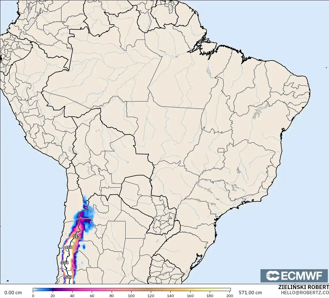 ECMWF IFS 0.25° modelo - Brasil, Profundidad de nieve