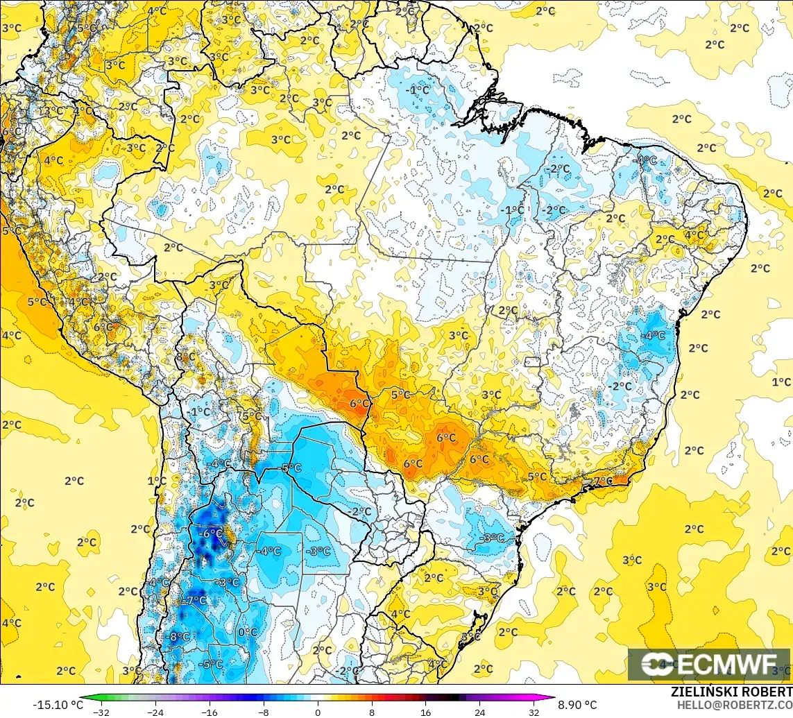ECMWF IFS 0.25° modelo - Brasil, Anomalía de temperatura a 2 m