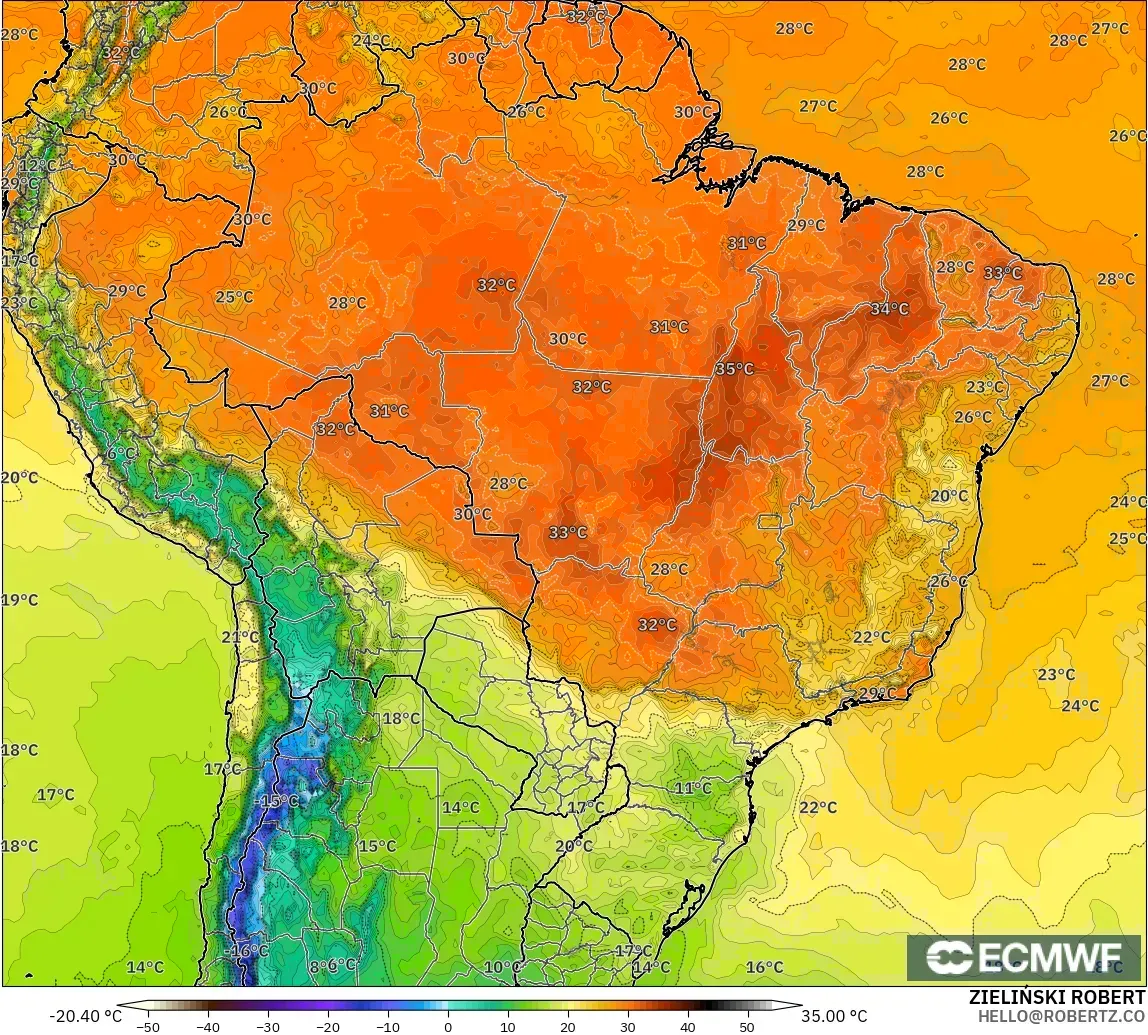 ECMWF IFS 0.25° modelo - Brasil, Temperatura a 2 m