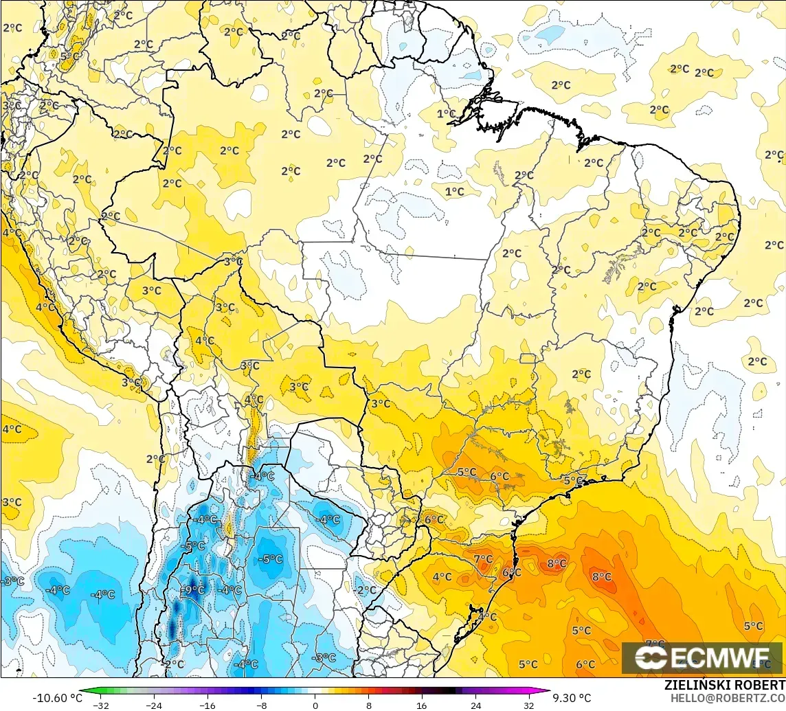ECMWF IFS 0.25° modelo - Brasil, Anomalía de temperatura a 850 hPa