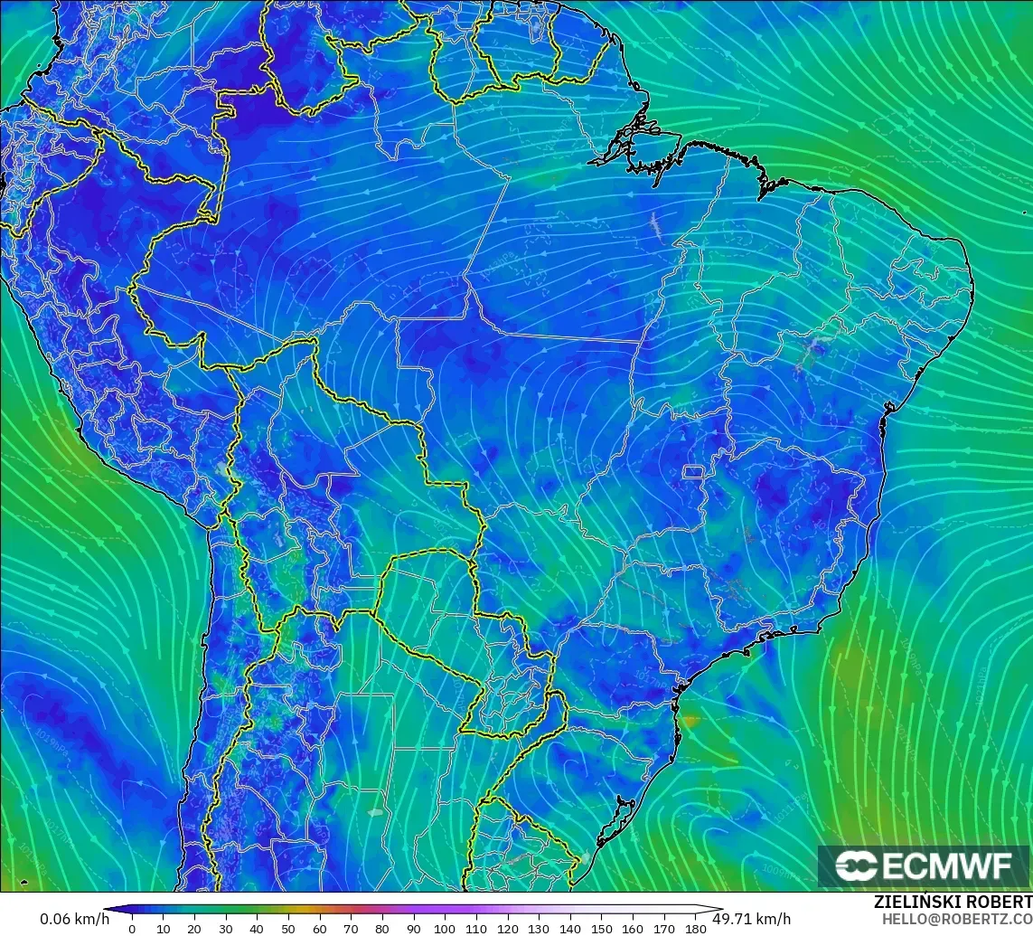 ECMWF IFS 0.25° modelo - Brasil, Viento a 10 m