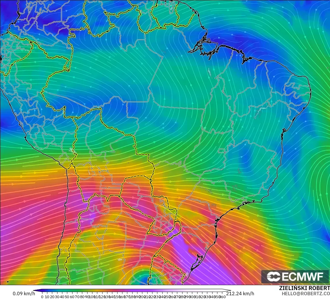 ECMWF IFS 0.25° modelo - Brasil, Viento a 300 hPa (corriente en chorro)