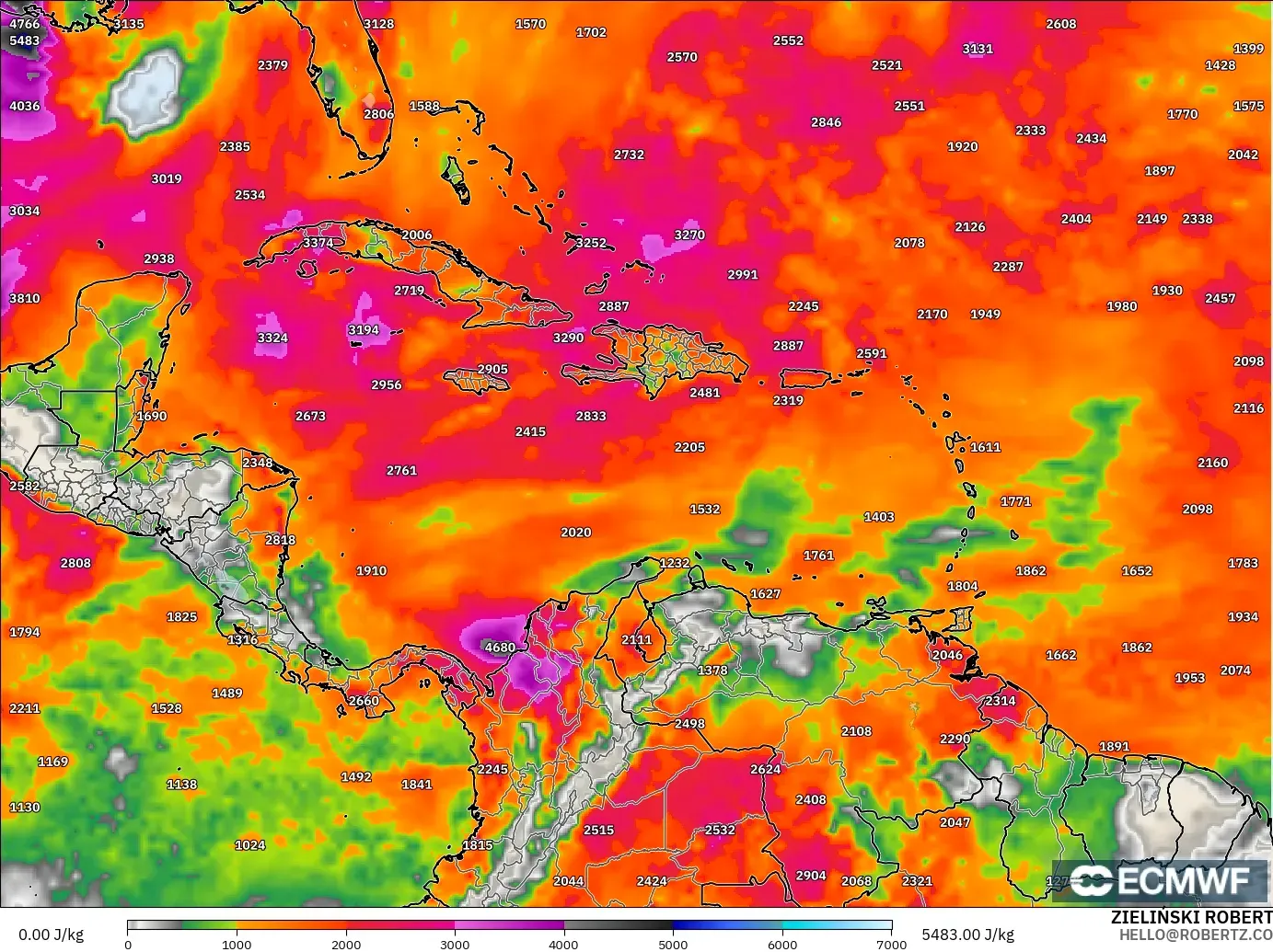 ECMWF IFS 0.25° modelo - Caribe, CAPE