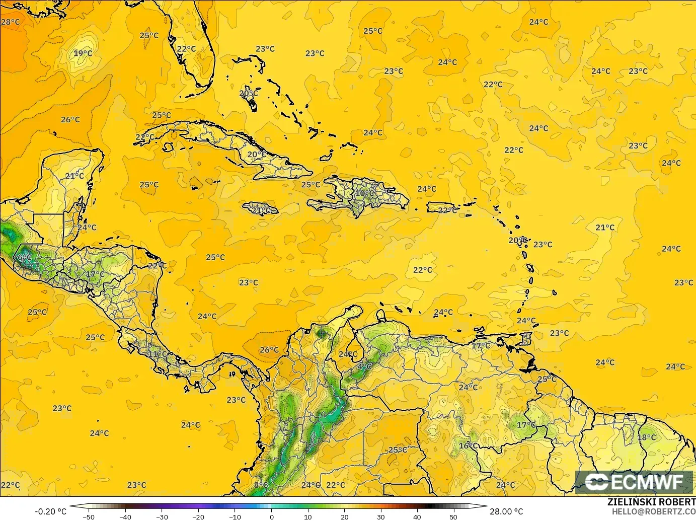 ECMWF IFS 0.25° modelo - Caribe, Punto de rocío a 2 m