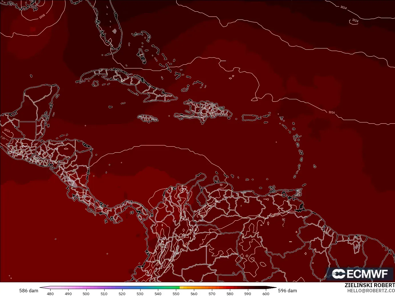 ECMWF IFS 0.25° modelo - Caribe, Altura geopotencial a 500 hPa