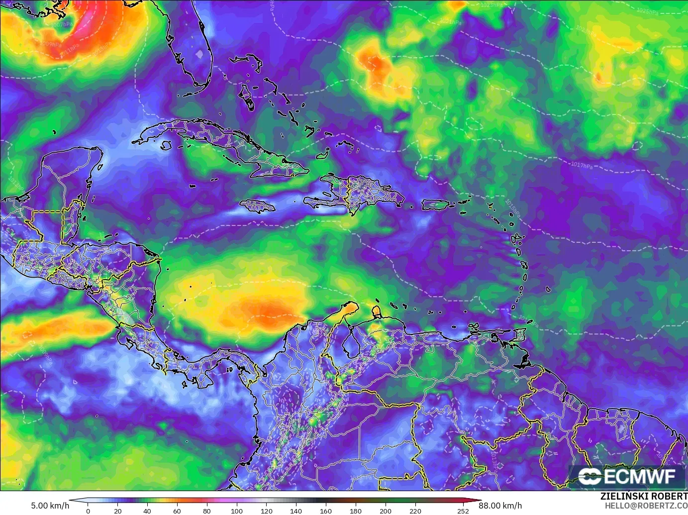 ECMWF IFS 0.25° modelo - Caribe, Ráfagas de Viento Máximas
