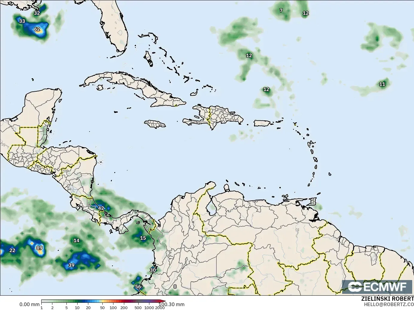 ECMWF IFS 0.25° modelo - Caribe, Acumulación de precipitación