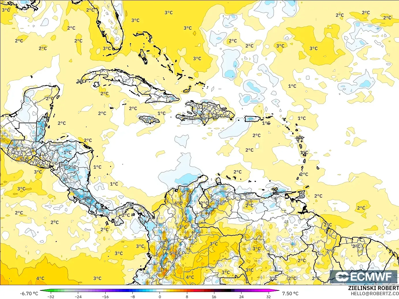 ECMWF IFS 0.25° modelo - Caribe, Anomalía de temperatura a 2 m