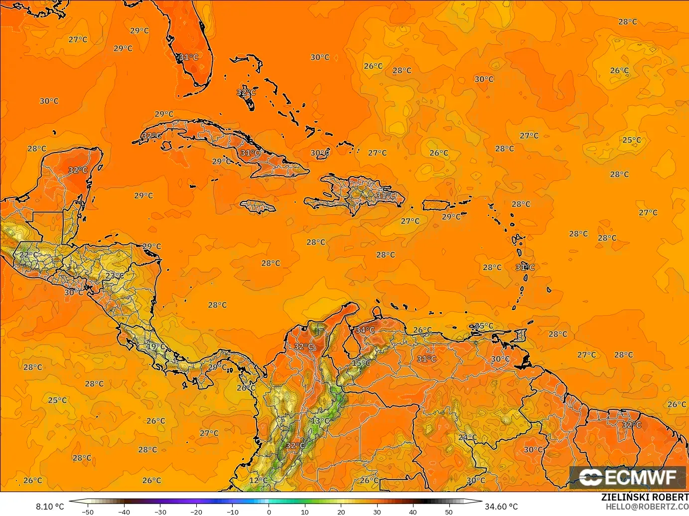 ECMWF IFS 0.25° modelo - Caribe, Temperatura a 2 m