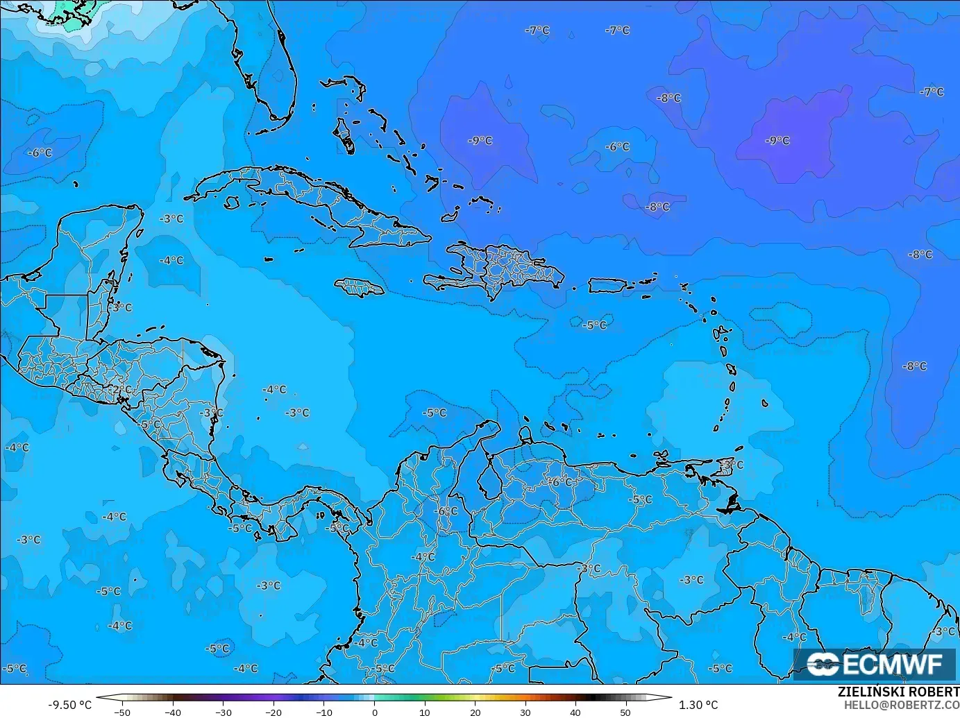 ECMWF IFS 0.25° modelo - Caribe, Temperatura a 500 hPa