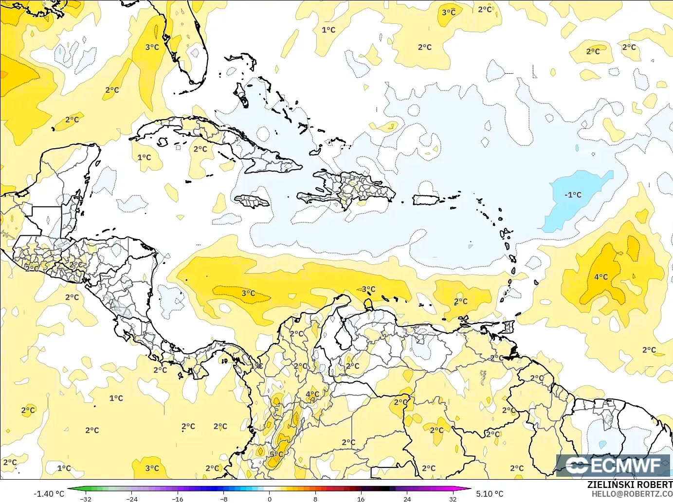 ECMWF IFS 0.25° modelo - Caribe, Anomalía de temperatura a 850 hPa