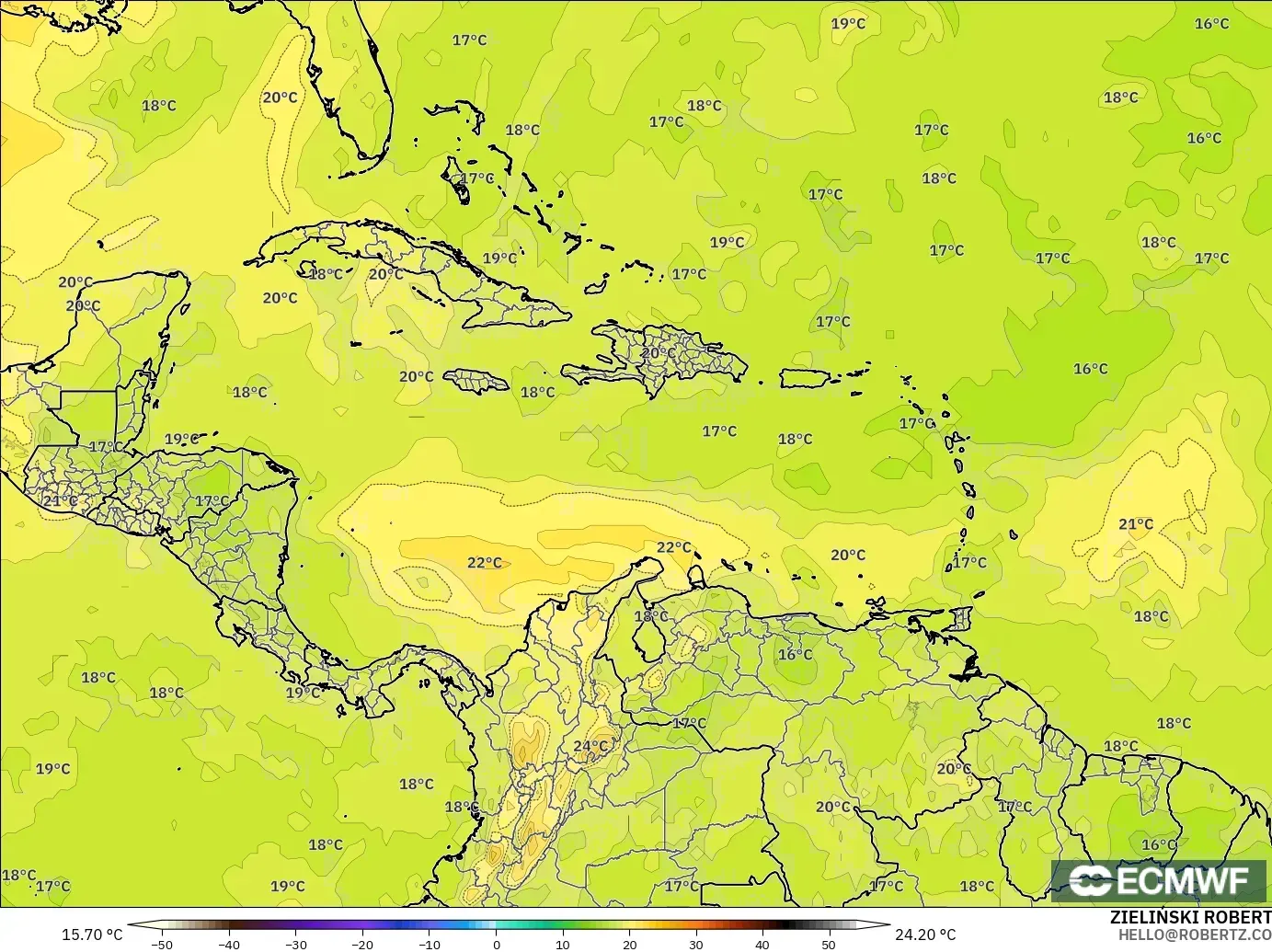ECMWF IFS 0.25° modelo - Caribe, Temperatura a 850 hPa