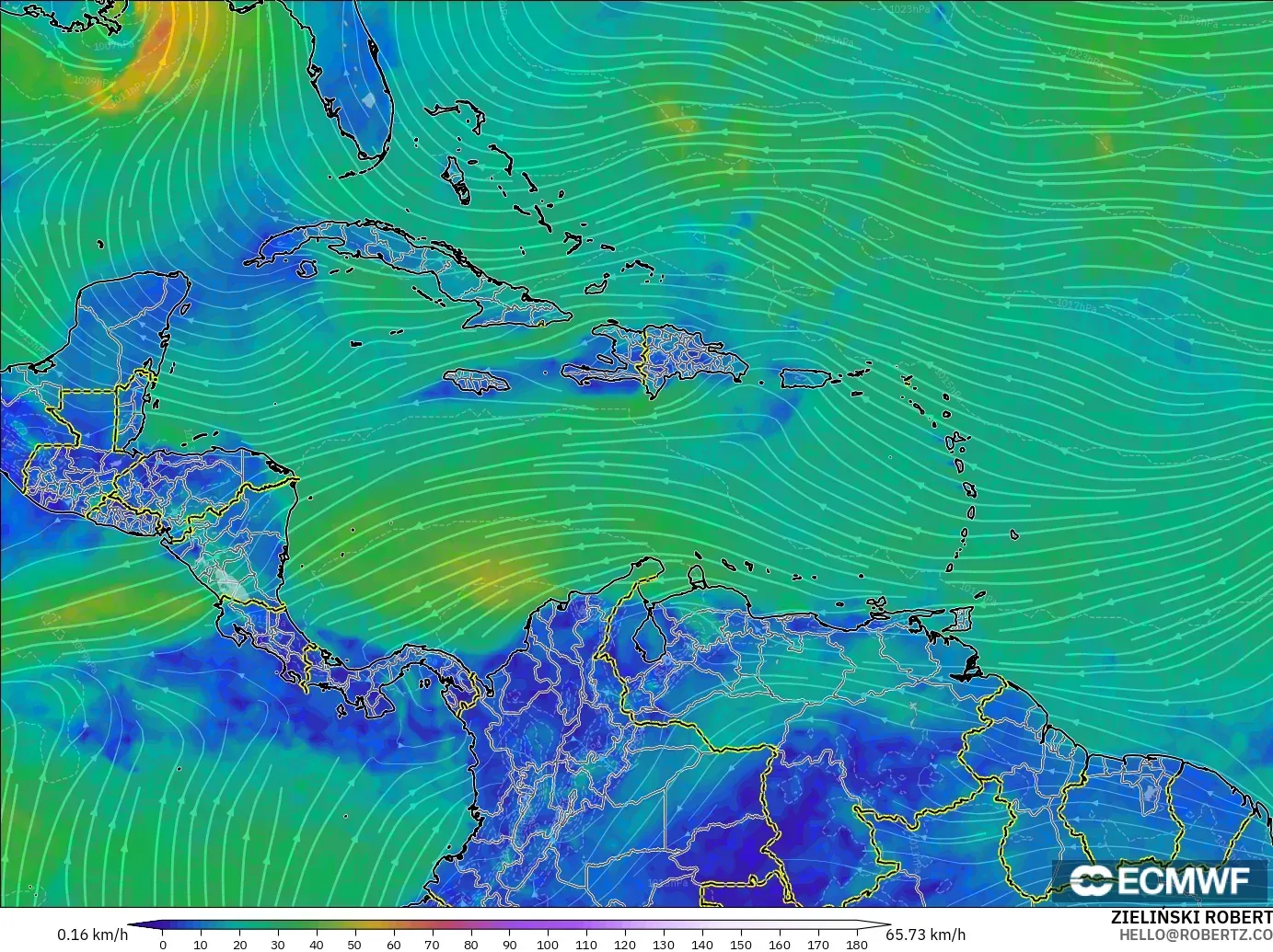 ECMWF IFS 0.25° modelo - Caribe, Viento a 10 m