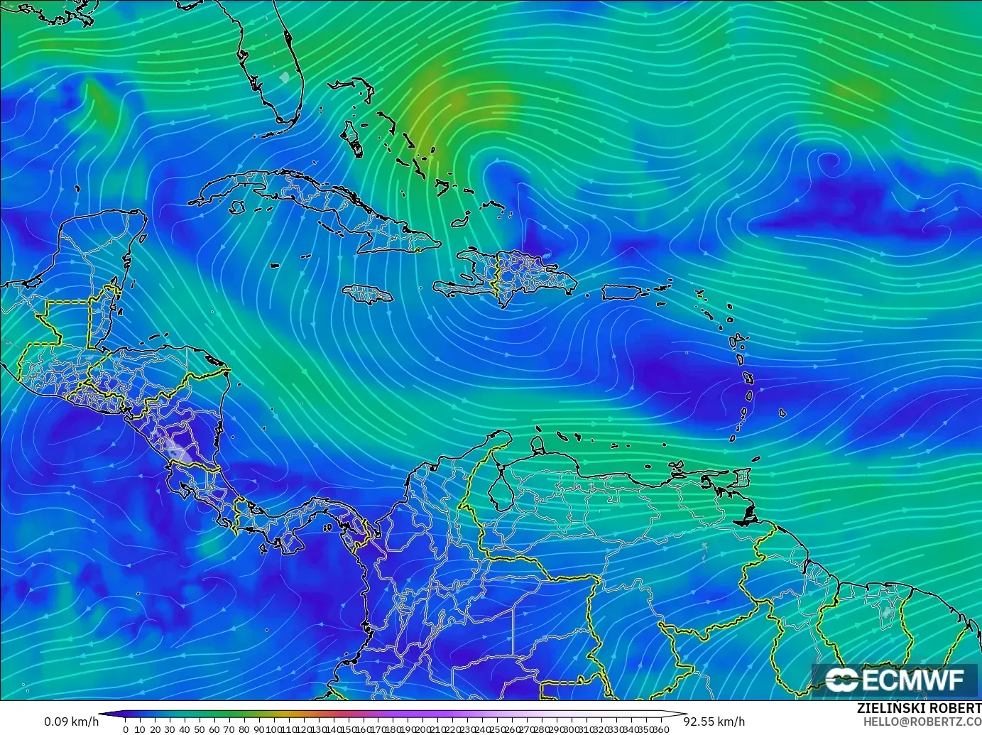 ECMWF IFS 0.25° modelo - Caribe, Viento a 300 hPa (corriente en chorro)