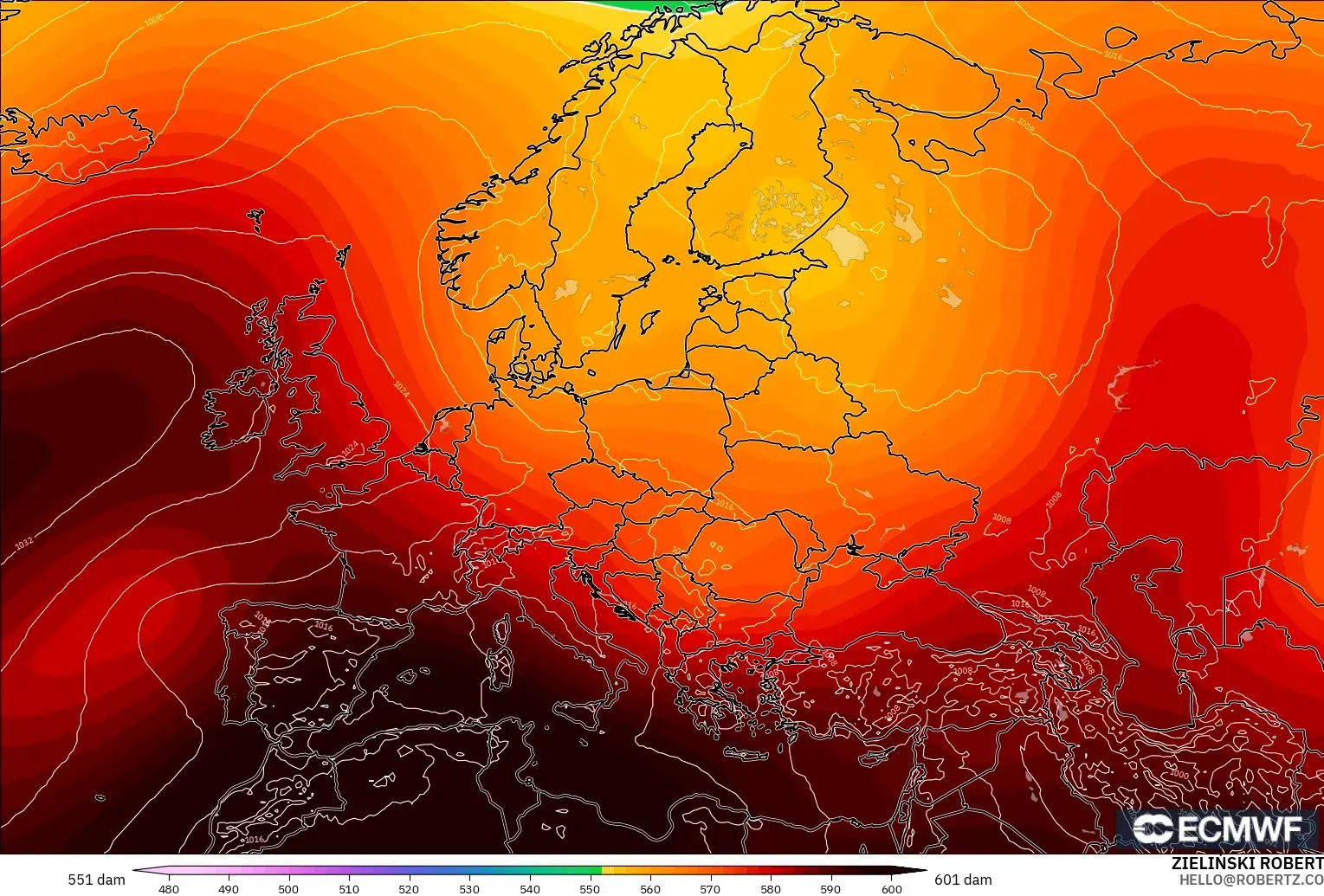 ECMWF IFS 0.25° modelo - Europa, Altura geopotencial a 500 hPa