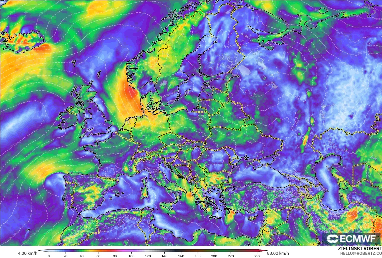 ECMWF IFS 0.25° modelo - Europa, Ráfagas de Viento Máximas