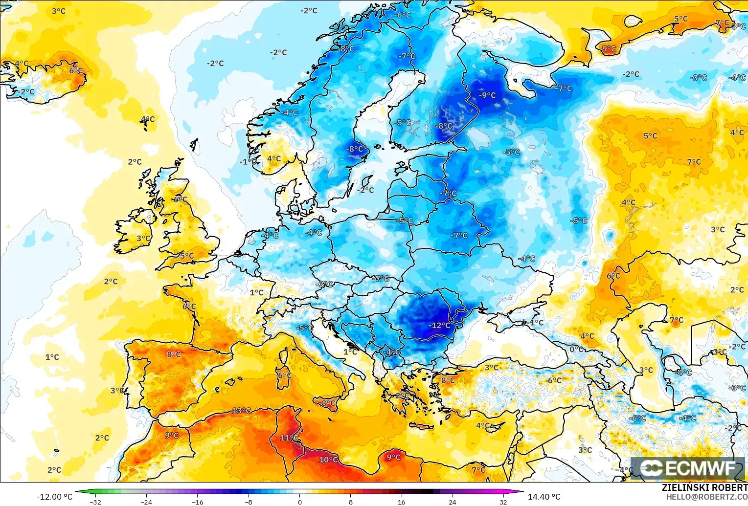 ECMWF IFS 0.25° modelo - Europa, Anomalía de temperatura a 2 m