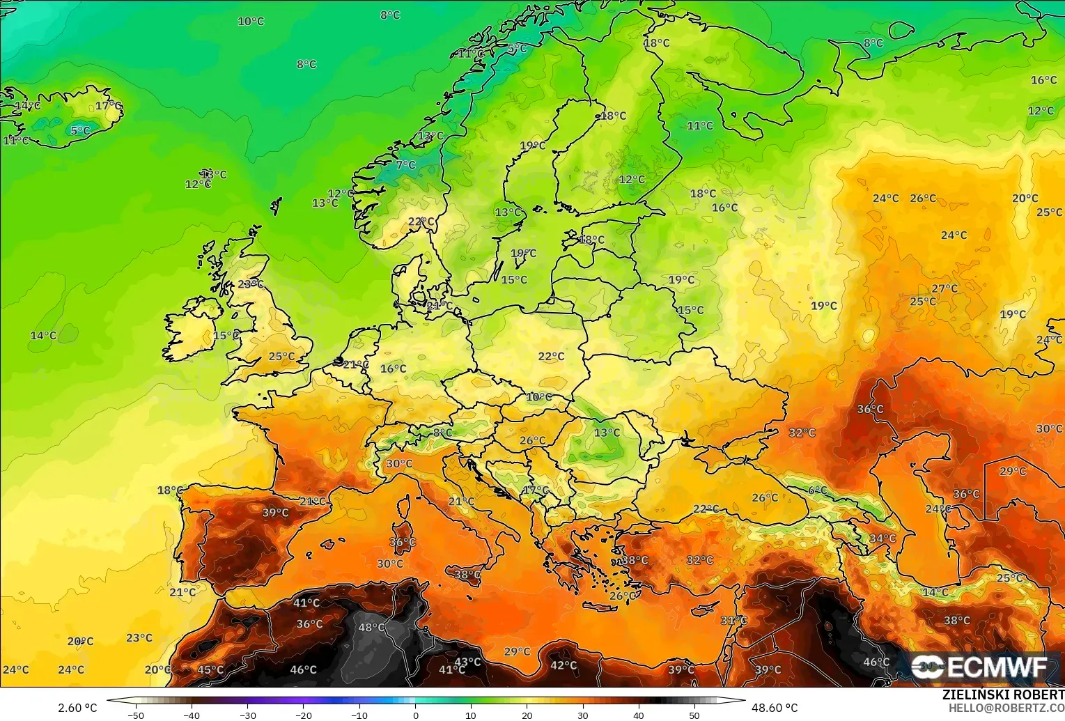 ECMWF IFS 0.25° modelo - Europa, Temperatura a 2 m