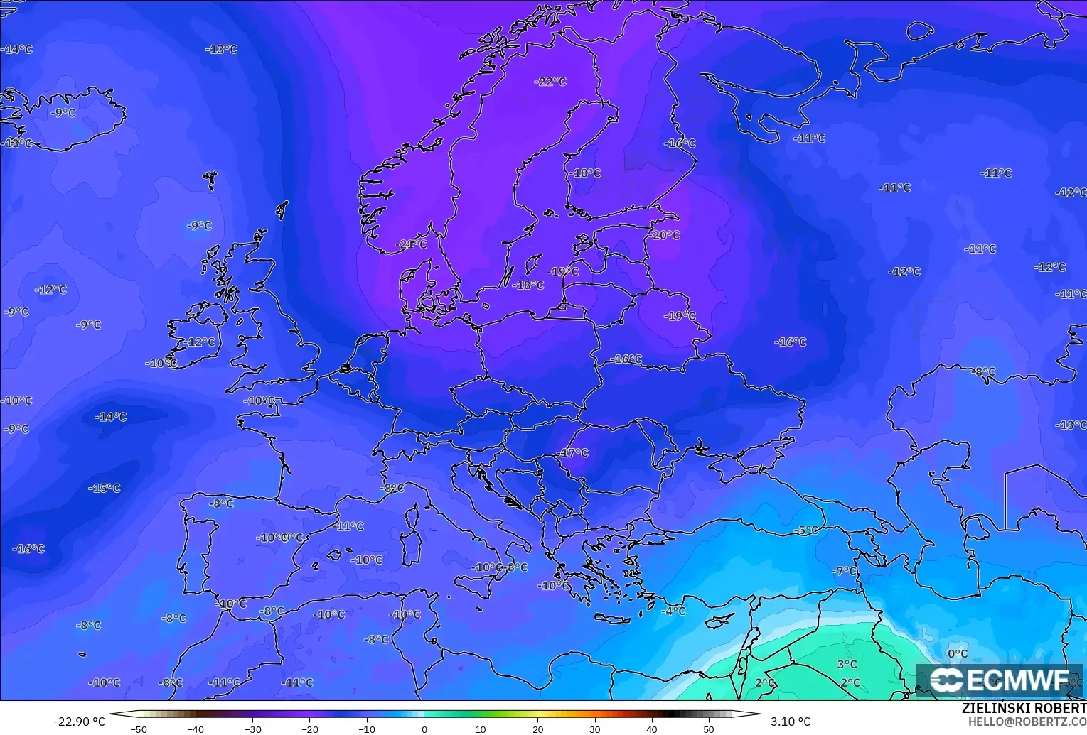 ECMWF IFS 0.25° modelo - Europa, Temperatura a 500 hPa