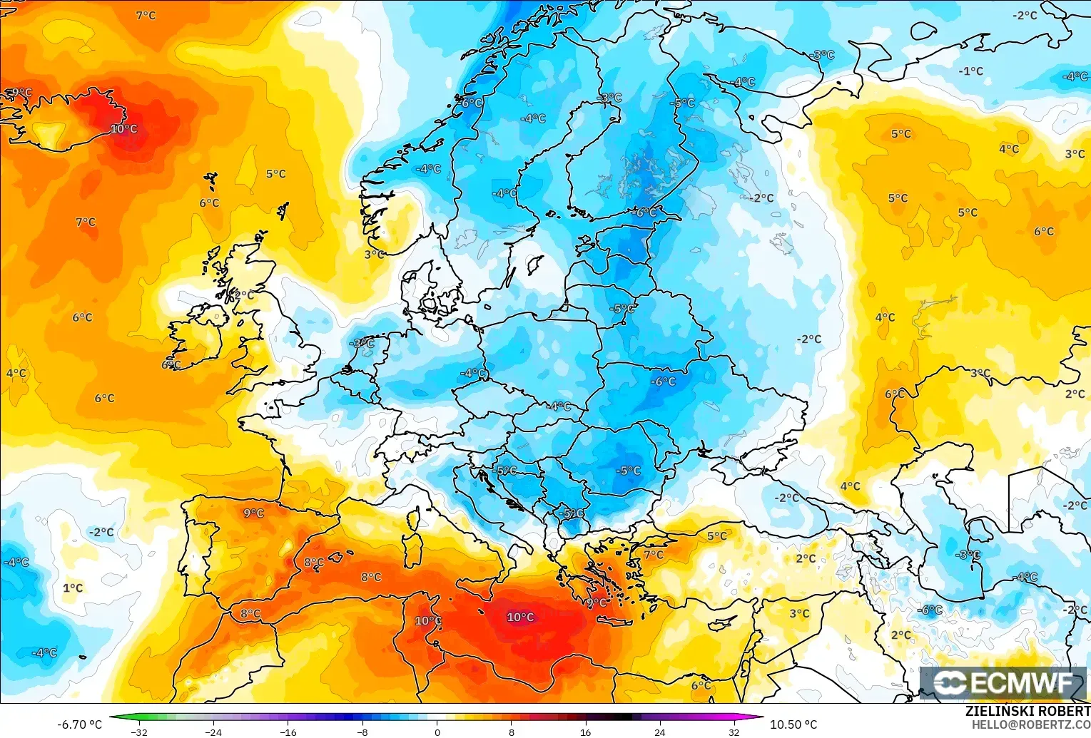 ECMWF IFS 0.25° modelo - Europa, Anomalía de temperatura a 850 hPa