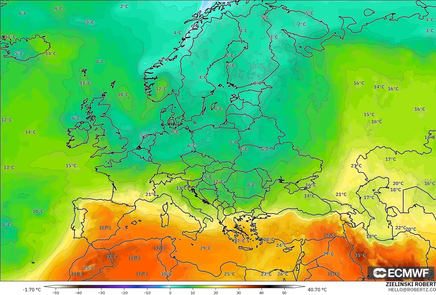 ECMWF IFS 0.25° modelo - Europa, Temperatura a 850 hPa