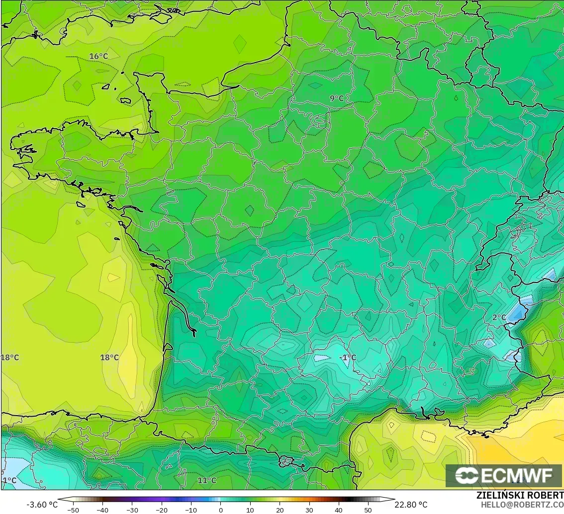 ECMWF IFS 0.25° modelo - Francia, Punto de rocío a 2 m