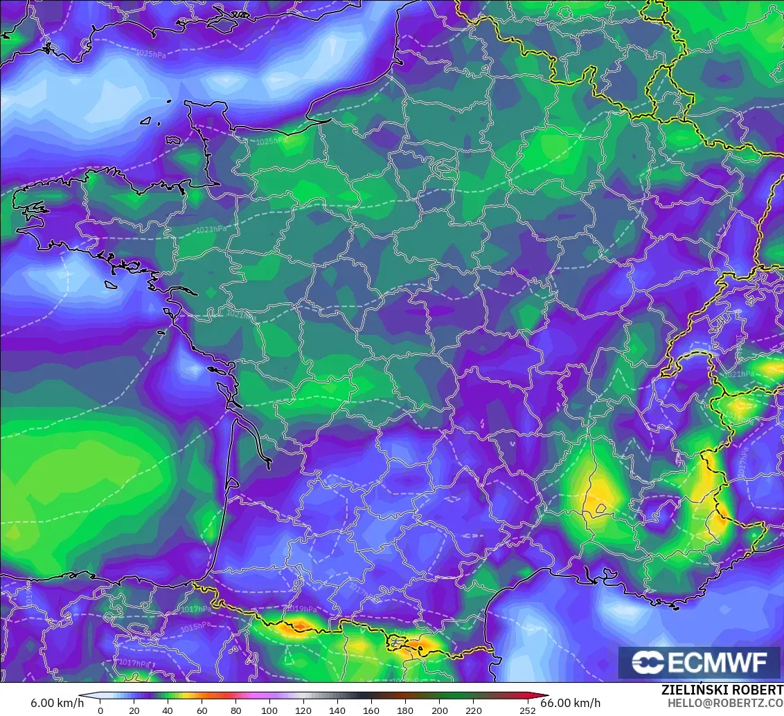 ECMWF IFS 0.25° modelo - Francia, Ráfagas de viento
